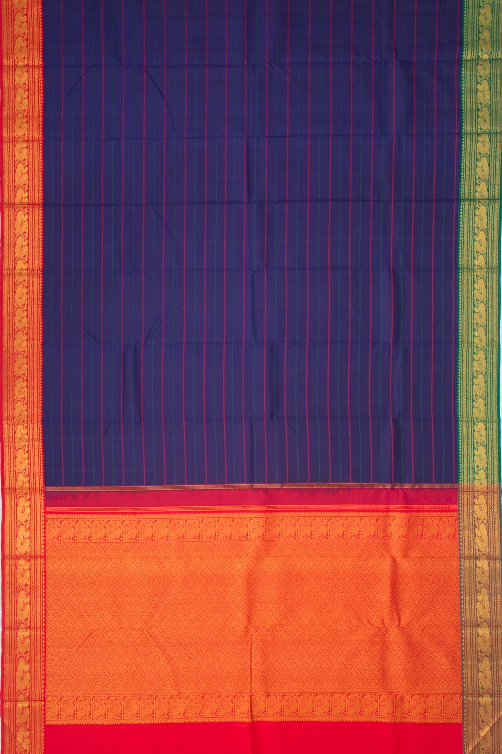 Kanchipuram Silk Horizontal Lines Dark Blue Saree With Ganga Jamuna Border