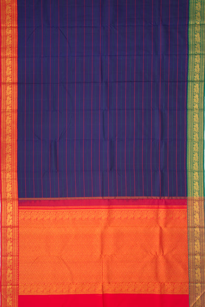 Kanchipuram Silk Horizontal Lines Dark Blue Saree With Ganga Jamuna Border