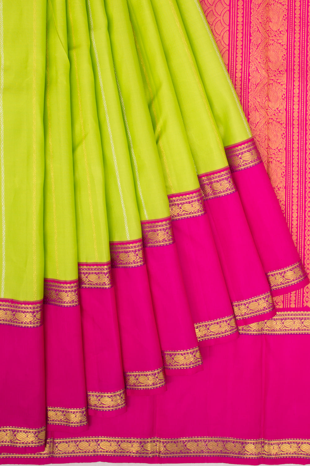 Kanchipuram Silk Vertical Lines Green Saree With Rettai Border