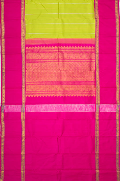 Kanchipuram Silk Vertical Lines Green Saree With Rettai Border