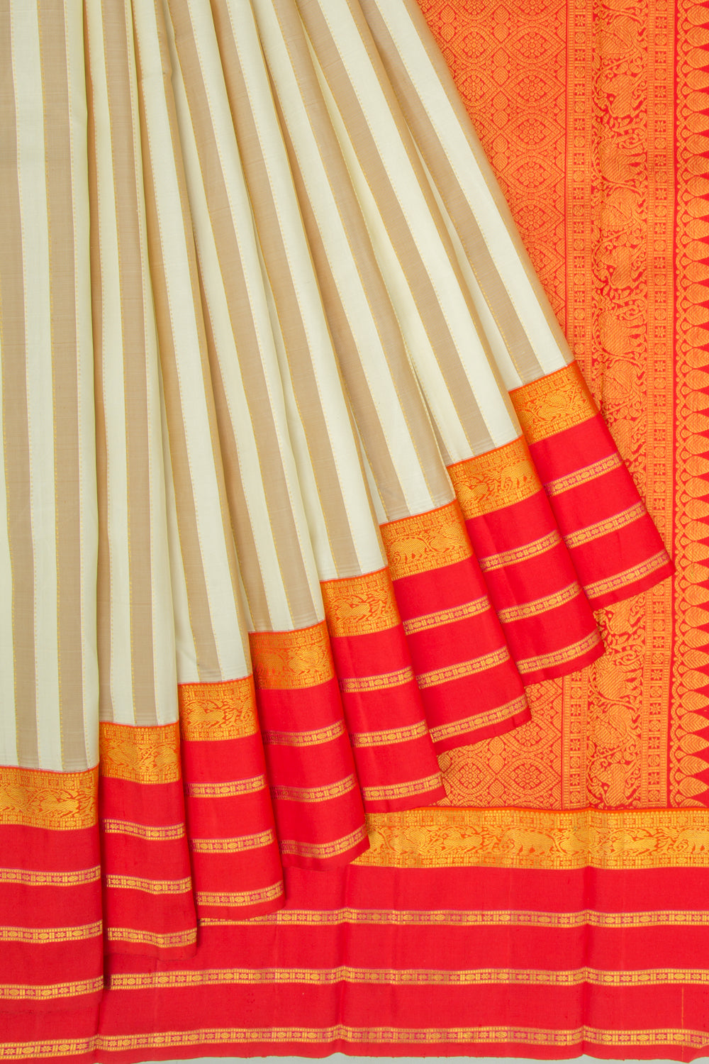 Kanchipuram Silk Vertical Lines Cream Saree
