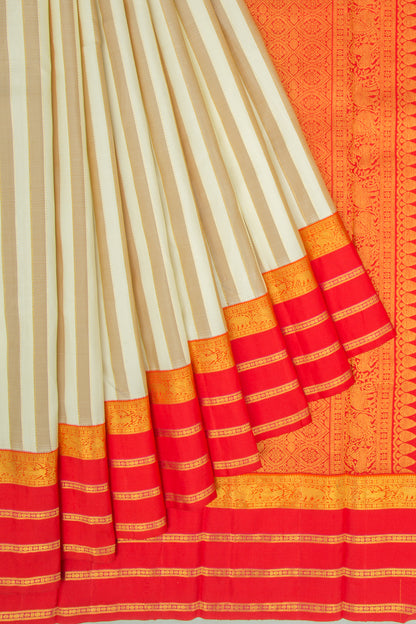 Kanchipuram Silk Vertical Lines Cream Saree