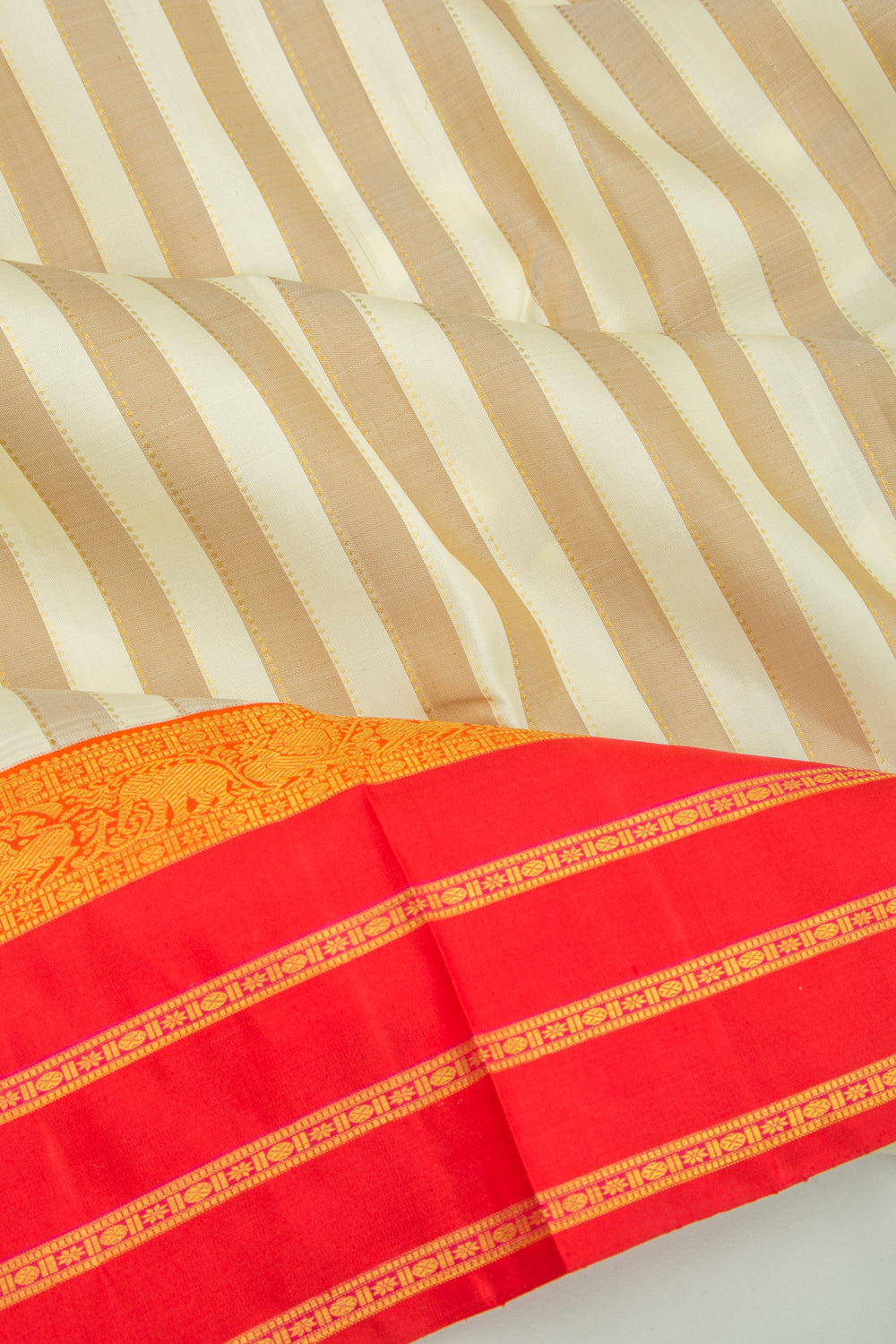 Kanchipuram Silk Vertical Lines Cream Saree