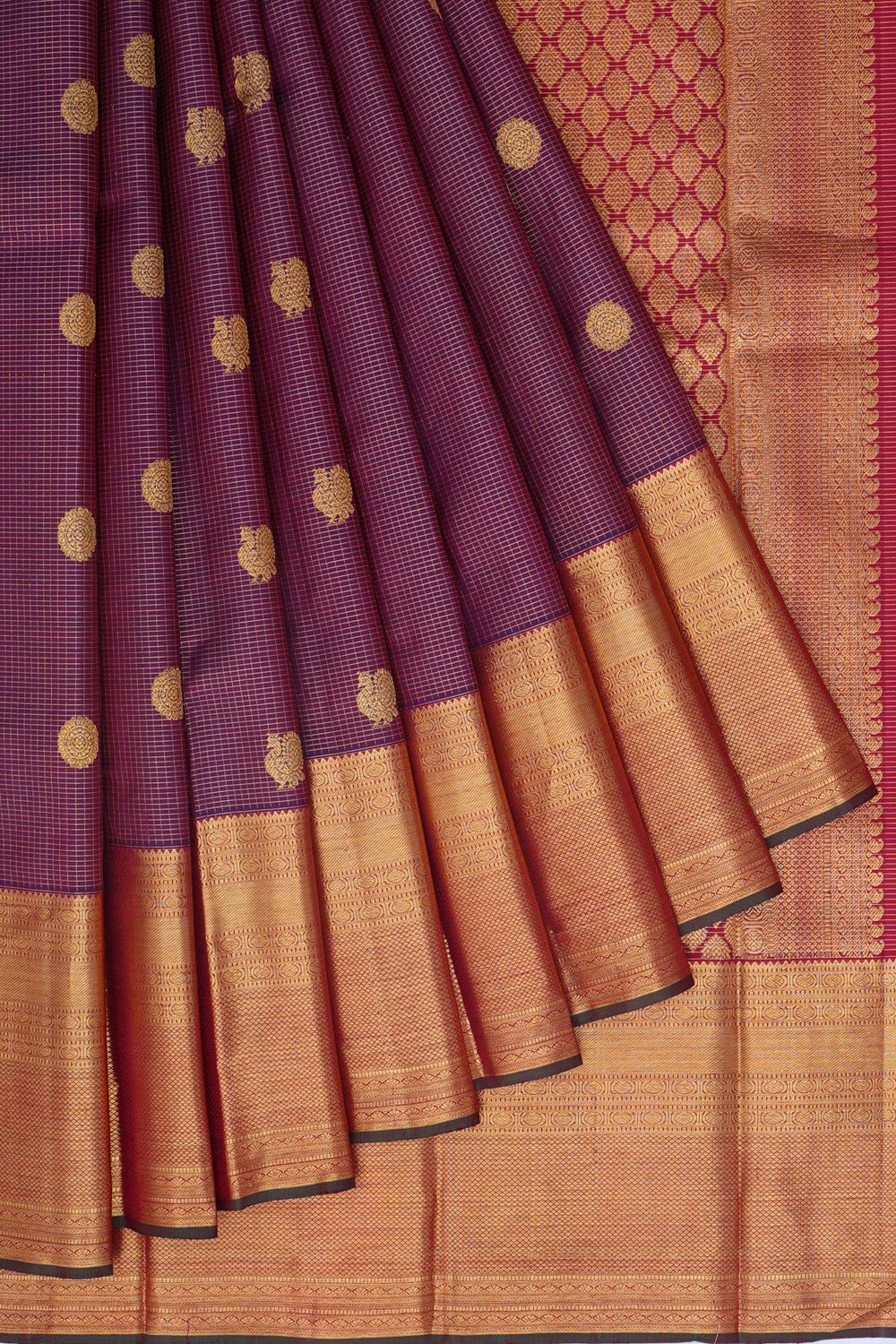 Kanchipuram Silk Checks and Butta Purple Saree