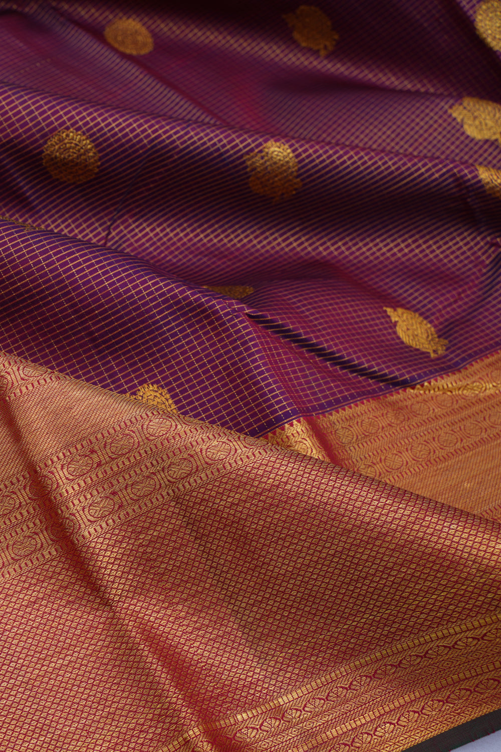 Kanchipuram Silk Checks and Butta Purple Saree