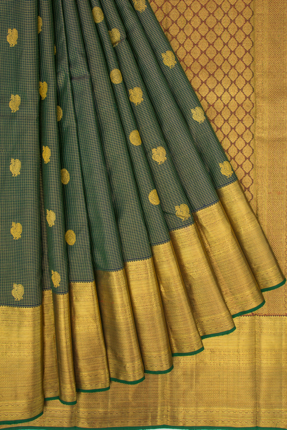 Kanchipuram Silk Checks And Butta Green Saree