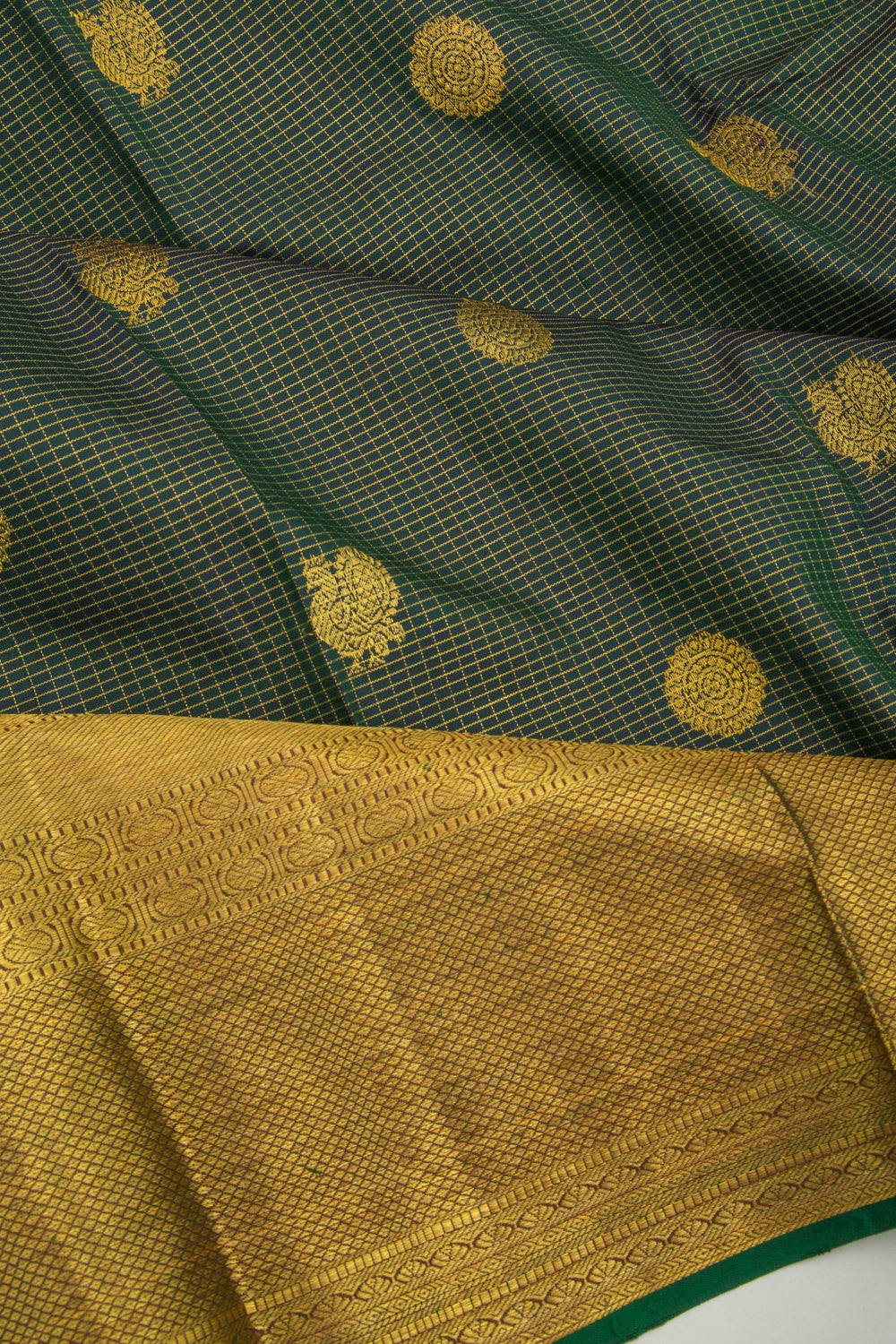 Kanchipuram Silk Checks And Butta Green Saree
