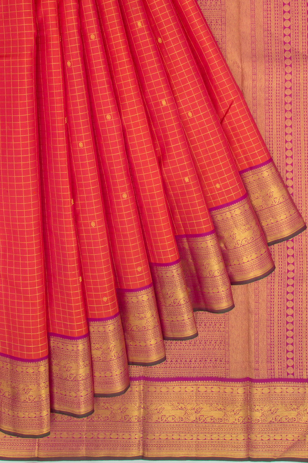 Kanchipuram Silk Checks And Butta Dual Tone Pink And Red Saree