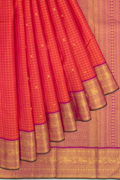 Kanchipuram Silk Checks And Butta Dual Tone Pink And Red Saree