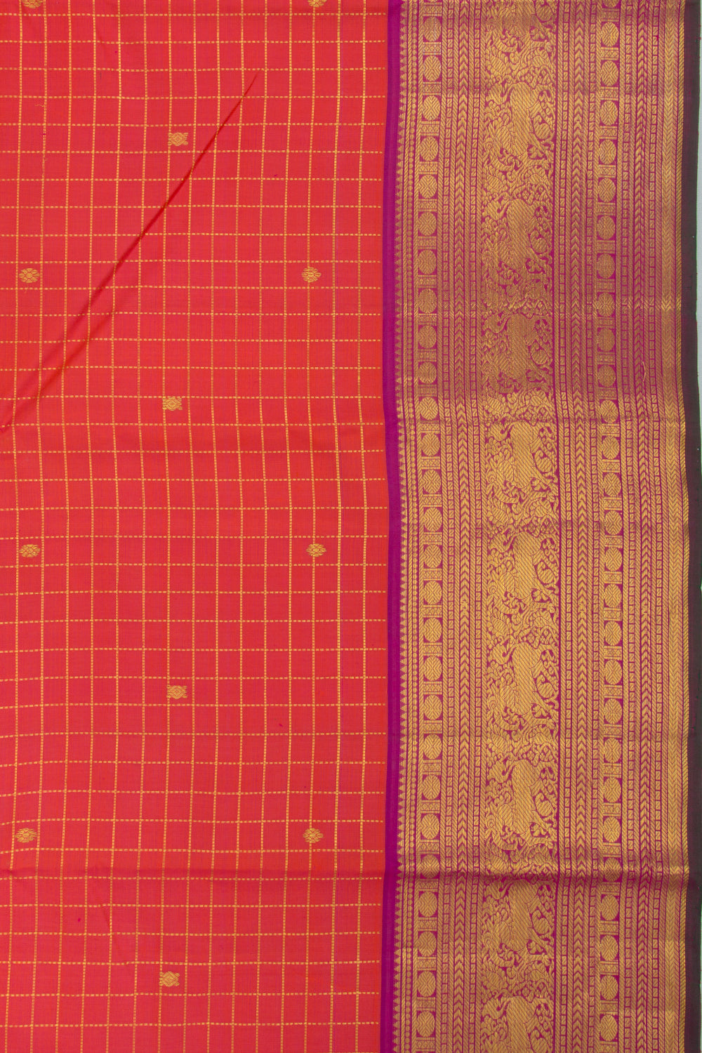 Kanchipuram Silk Checks And Butta Dual Tone Pink And Red Saree