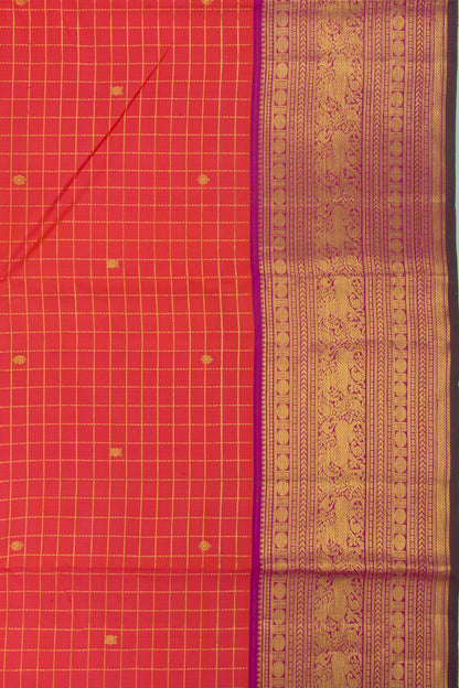 Kanchipuram Silk Checks And Butta Dual Tone Pink And Red Saree