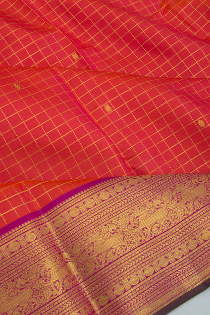 Kanchipuram Silk Checks And Butta Dual Tone Pink And Red Saree