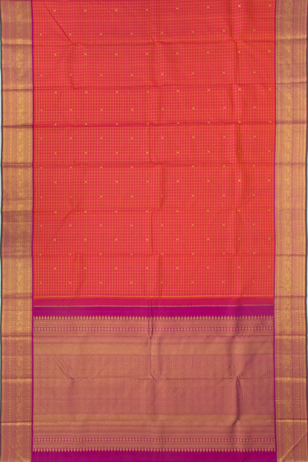 Kanchipuram Silk Checks And Butta Dual Tone Pink And Red Saree