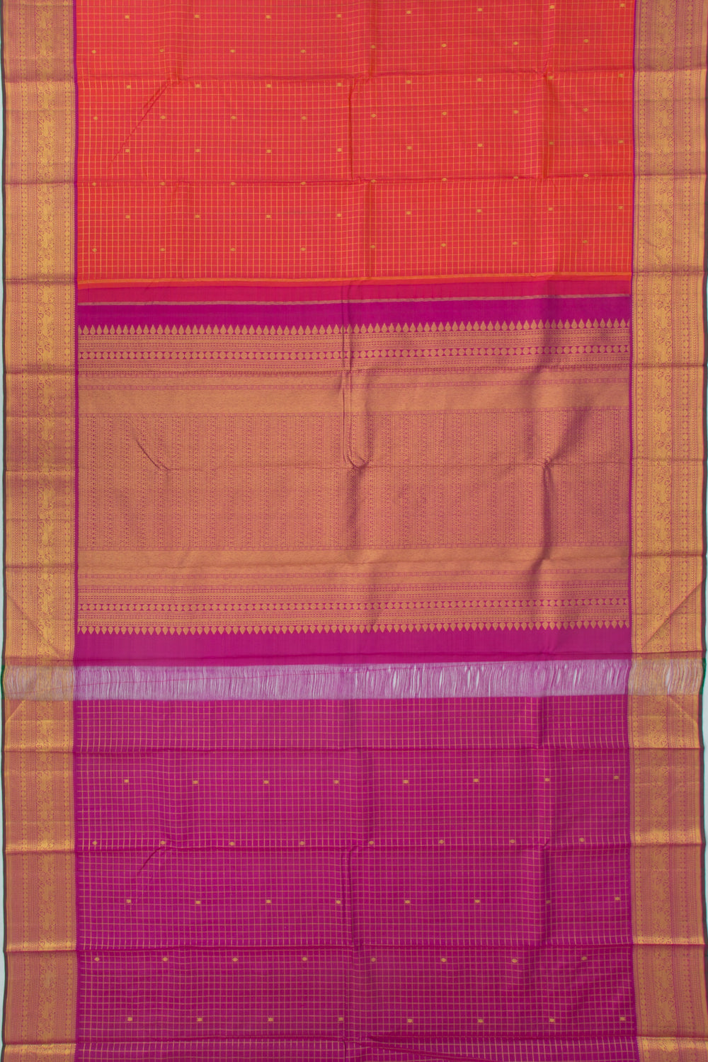 Kanchipuram Silk Checks And Butta Dual Tone Pink And Red Saree