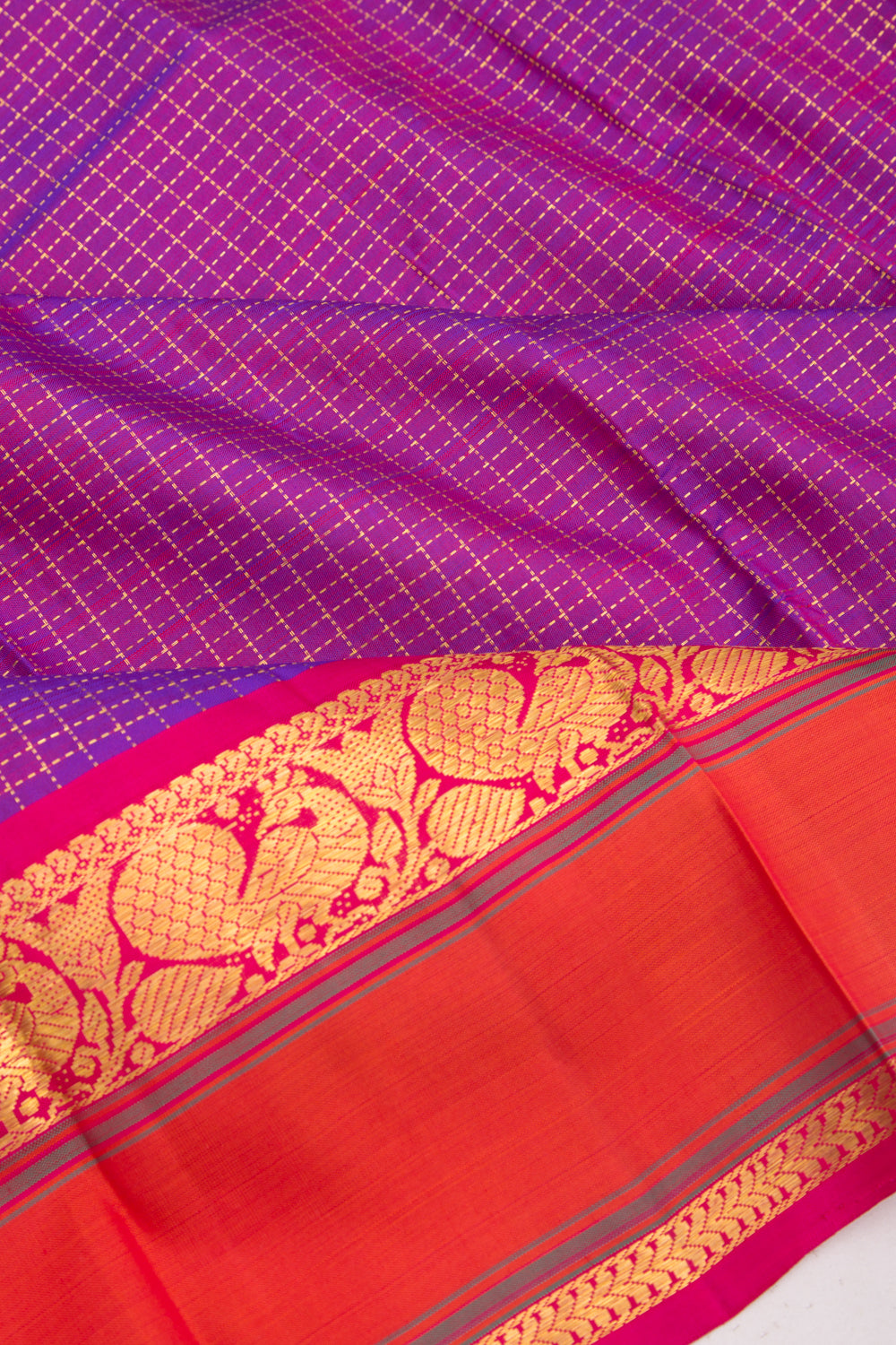 Kanchipuram Silk Checks Purple Saree With Rettai Border
