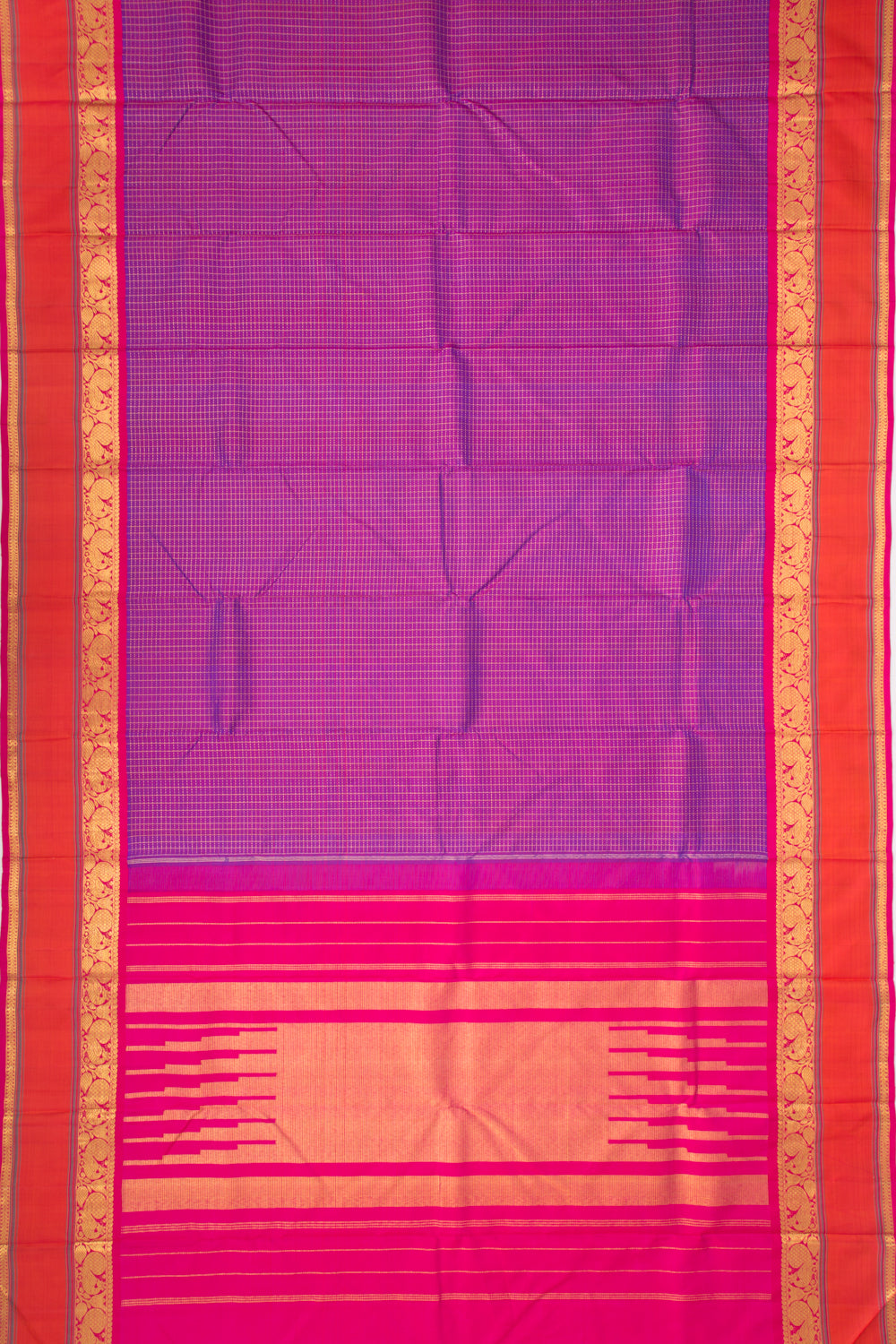 Kanchipuram Silk Checks Purple Saree With Rettai Border