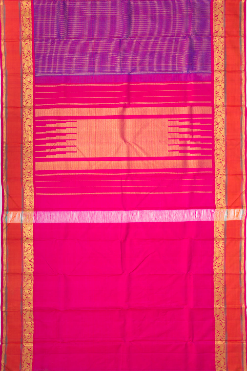 Kanchipuram Silk Checks Purple Saree With Rettai Border