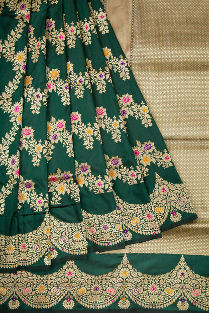 Banarasi Silk Kadwa Jaal Green Saree With Scallop Border
