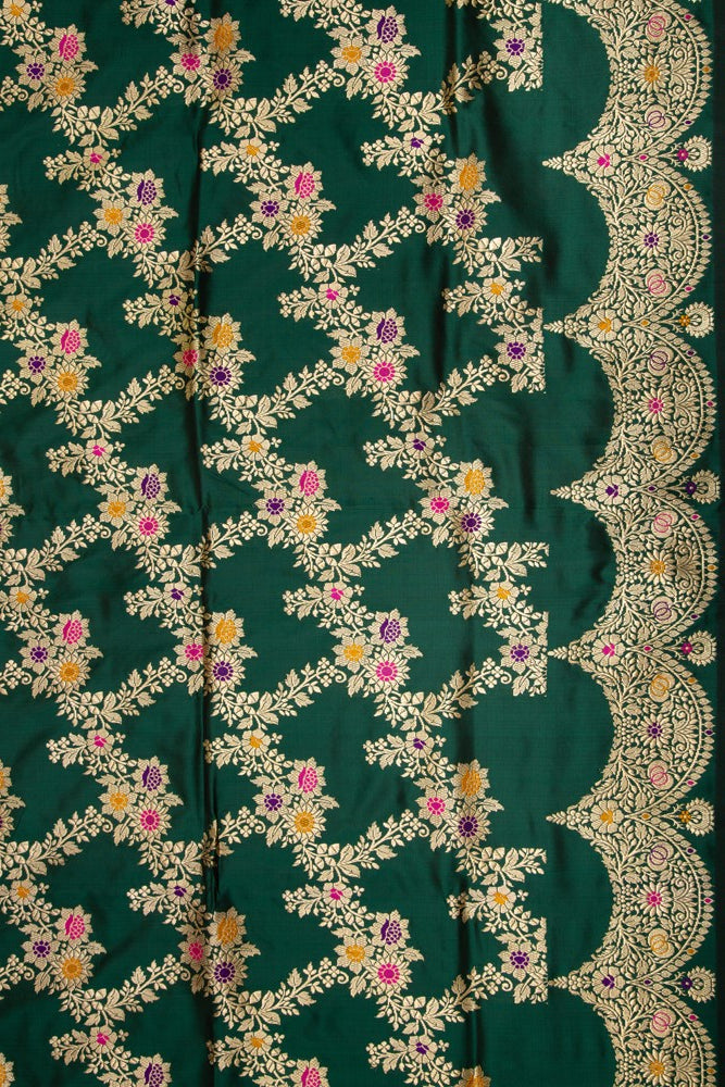 Banarasi Silk Kadwa Jaal Green Saree With Scallop Border