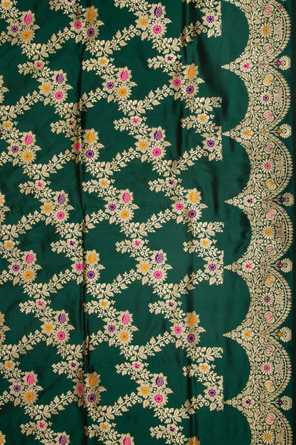Banarasi Silk Kadwa Jaal Green Saree With Scallop Border