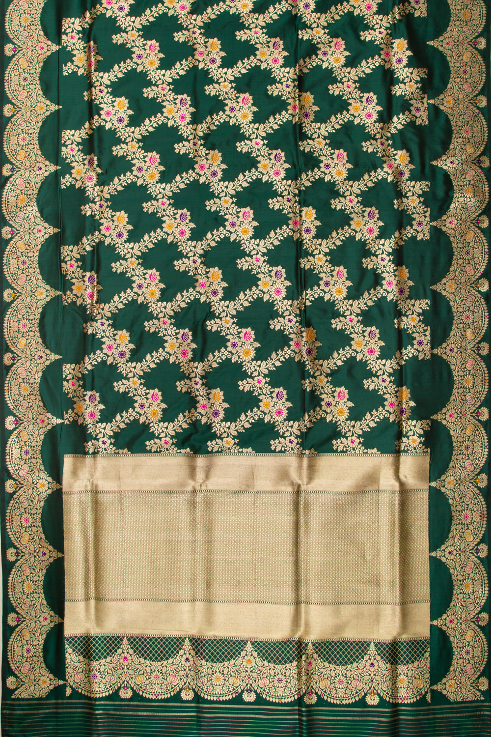 Banarasi Silk Kadwa Jaal Green Saree With Scallop Border