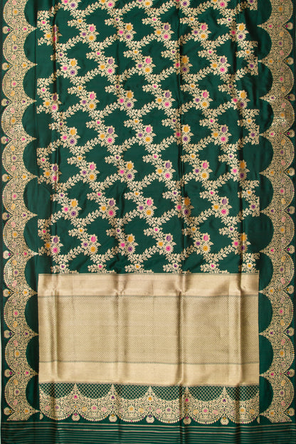 Banarasi Silk Kadwa Jaal Green Saree With Scallop Border