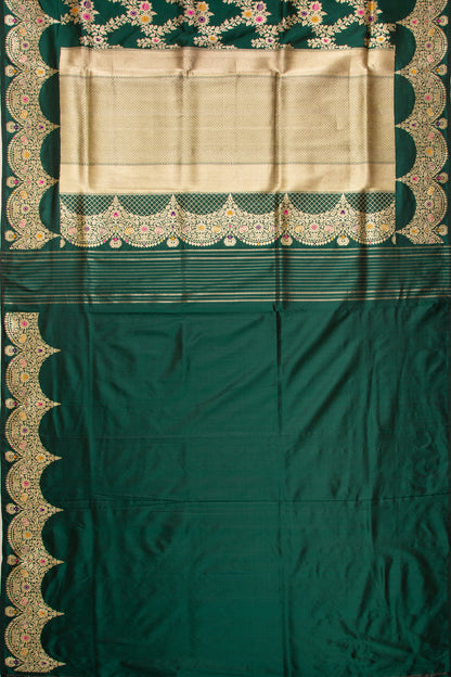 Banarasi Silk Kadwa Jaal Green Saree With Scallop Border