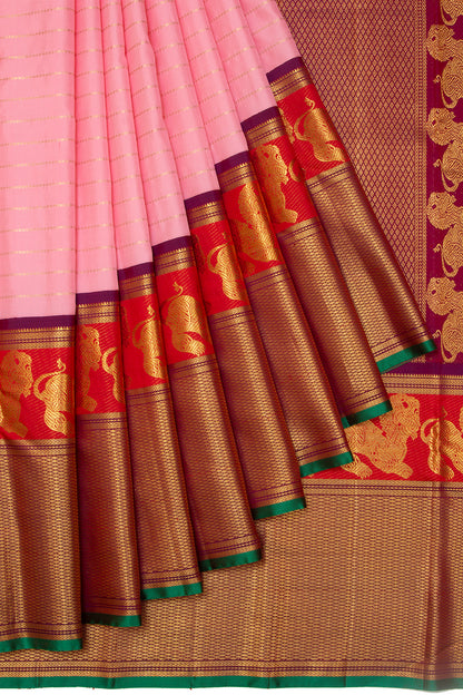 Kanchipuram Silk Horizontal Lines Pink Saree