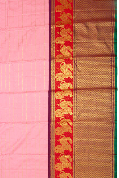 Kanchipuram Silk Horizontal Lines Pink Saree