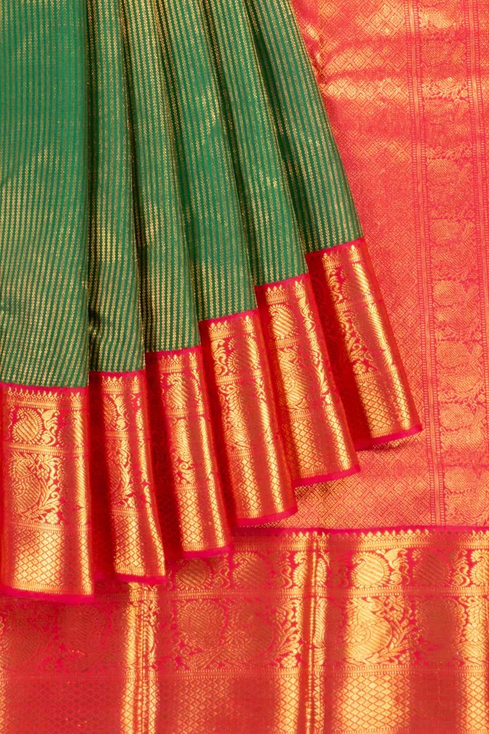 Kanchipuram Silk Veldhari Lines Dark Green Saree