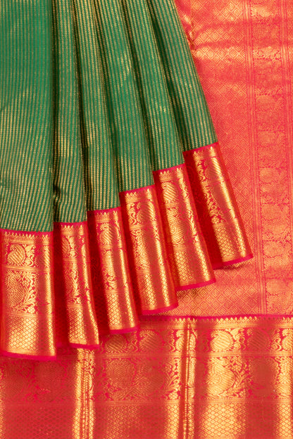Kanchipuram Silk Veldhari Lines Dark Green Saree