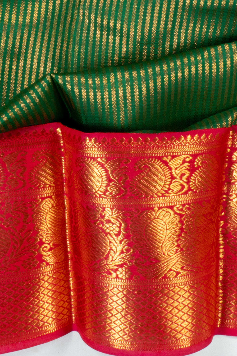 Kanchipuram Silk Veldhari Lines Dark Green Saree