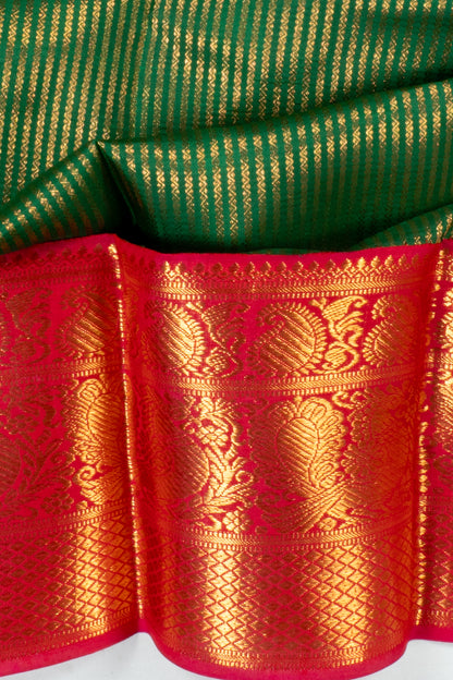 Kanchipuram Silk Veldhari Lines Dark Green Saree