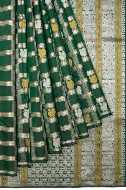 Kanchipuram Silk Checks And Butta Bottle Green Saree