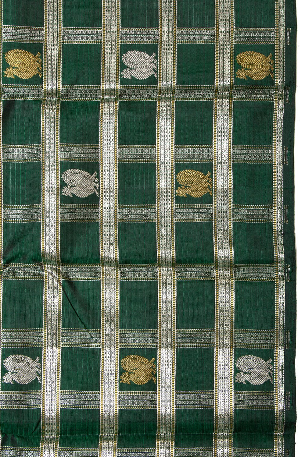 Kanchipuram Silk Checks And Butta Bottle Green Saree