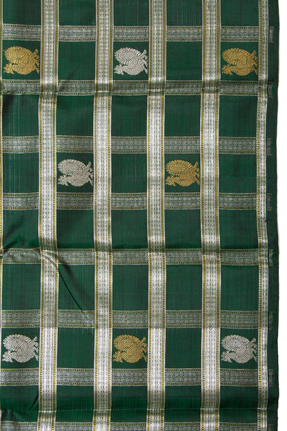 Kanchipuram Silk Checks And Butta Bottle Green Saree