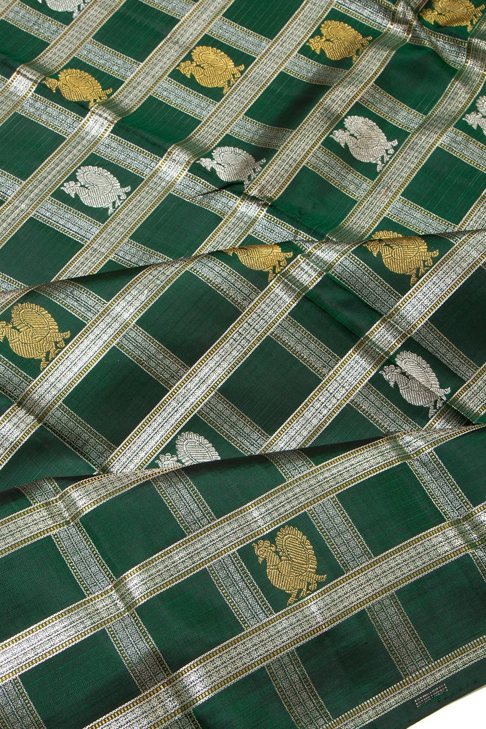 Kanchipuram Silk Checks And Butta Bottle Green Saree