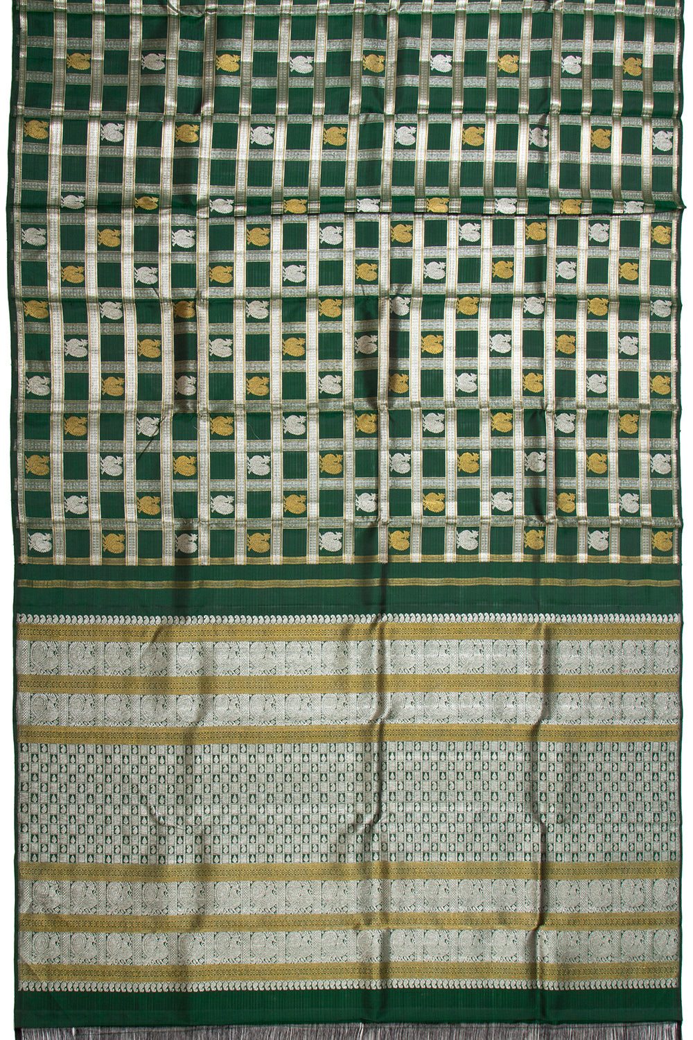 Kanchipuram Silk Checks And Butta Bottle Green Saree