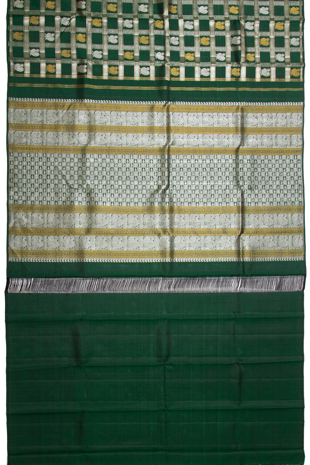 Kanchipuram Silk Checks And Butta Bottle Green Saree