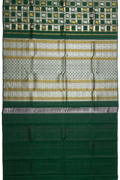 Kanchipuram Silk Checks And Butta Bottle Green Saree