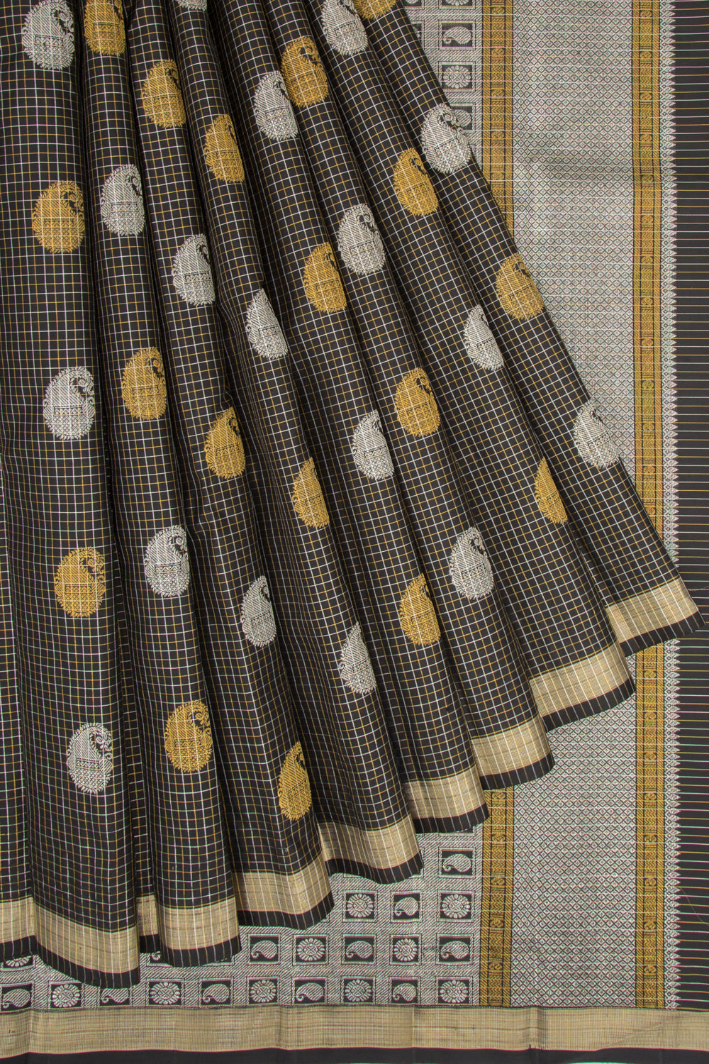 Kanchipuram Silk Checks And Butta Black Saree