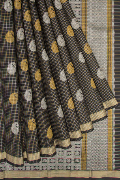 Kanchipuram Silk Checks And Butta Black Saree