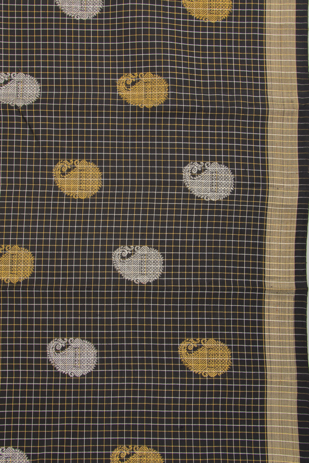 Kanchipuram Silk Checks And Butta Black Saree