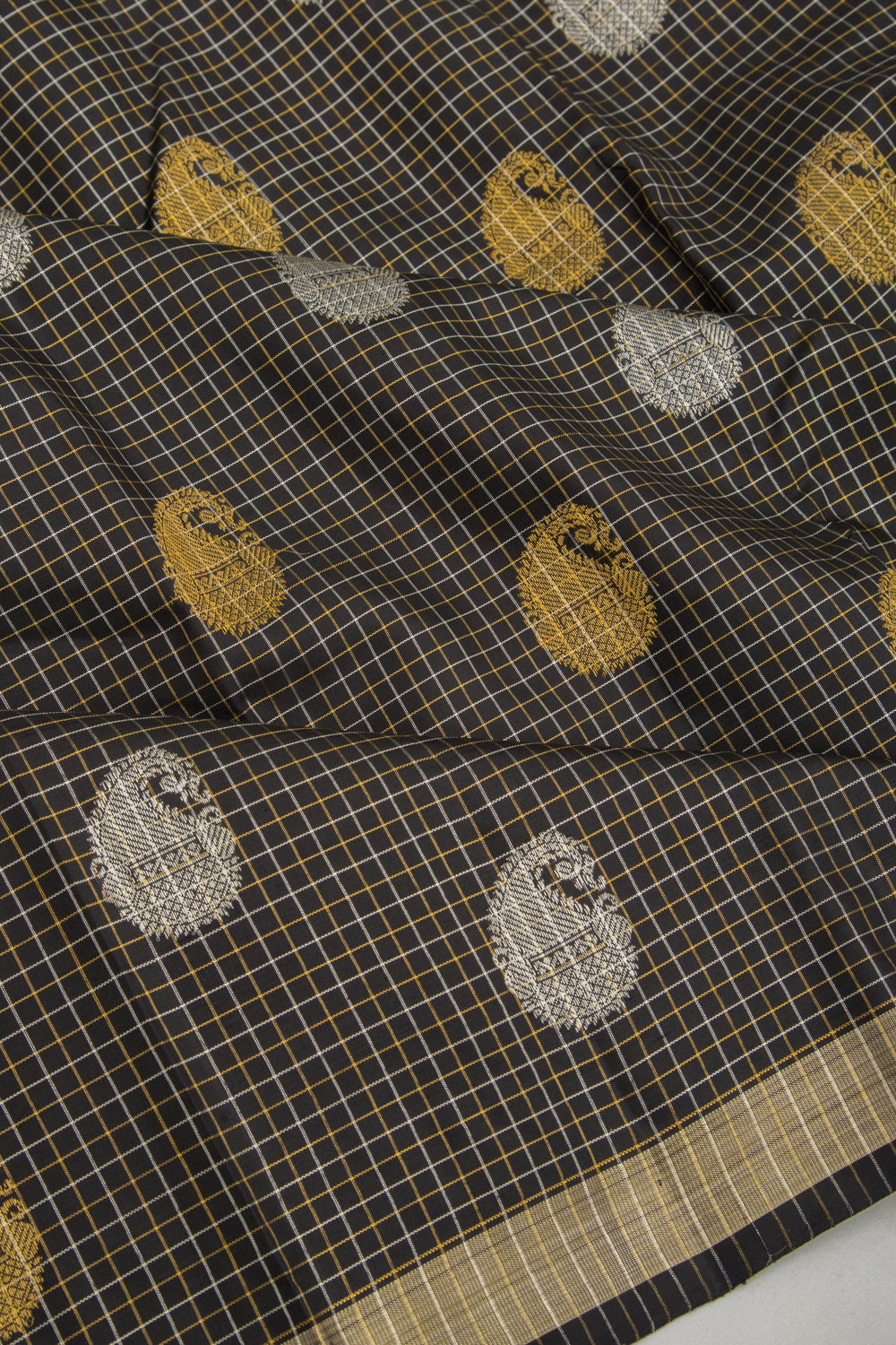 Kanchipuram Silk Checks And Butta Black Saree