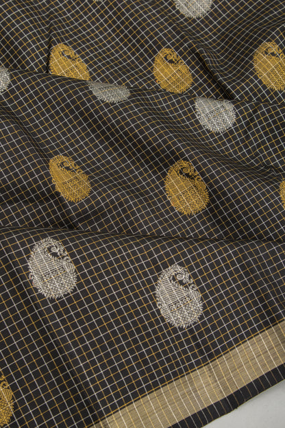 Kanchipuram Silk Checks And Butta Black Saree