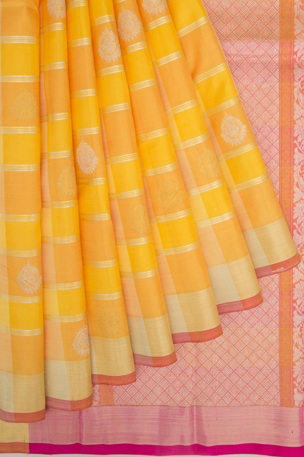 Kanchipuram Silk Lines And Butta Yellow And Orange Saree