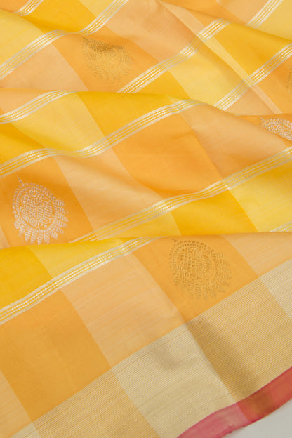 Kanchipuram Silk Lines And Butta Yellow And Orange Saree