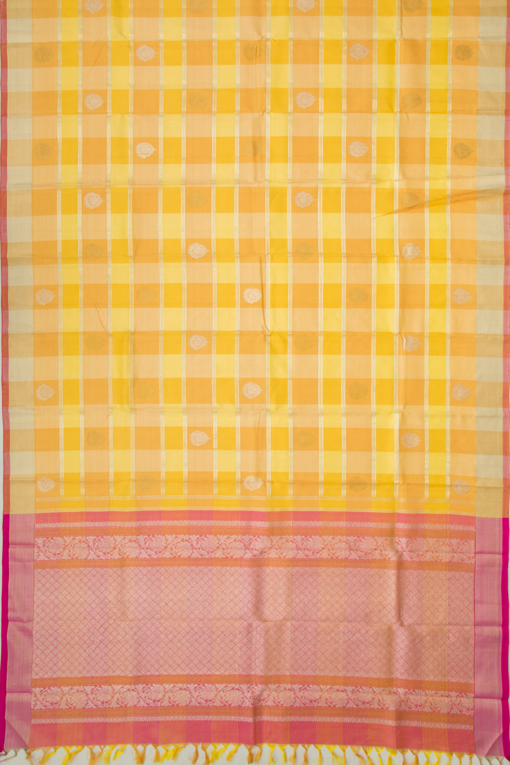 Kanchipuram Silk Lines And Butta Yellow And Orange Saree