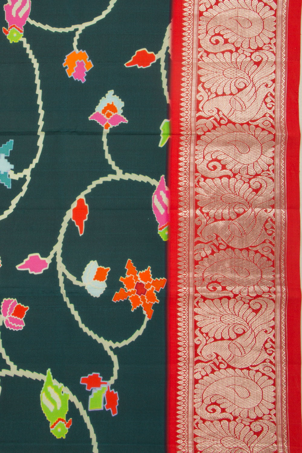 Kanchipuram Silk Floral Printed Bottle Green Dupatta