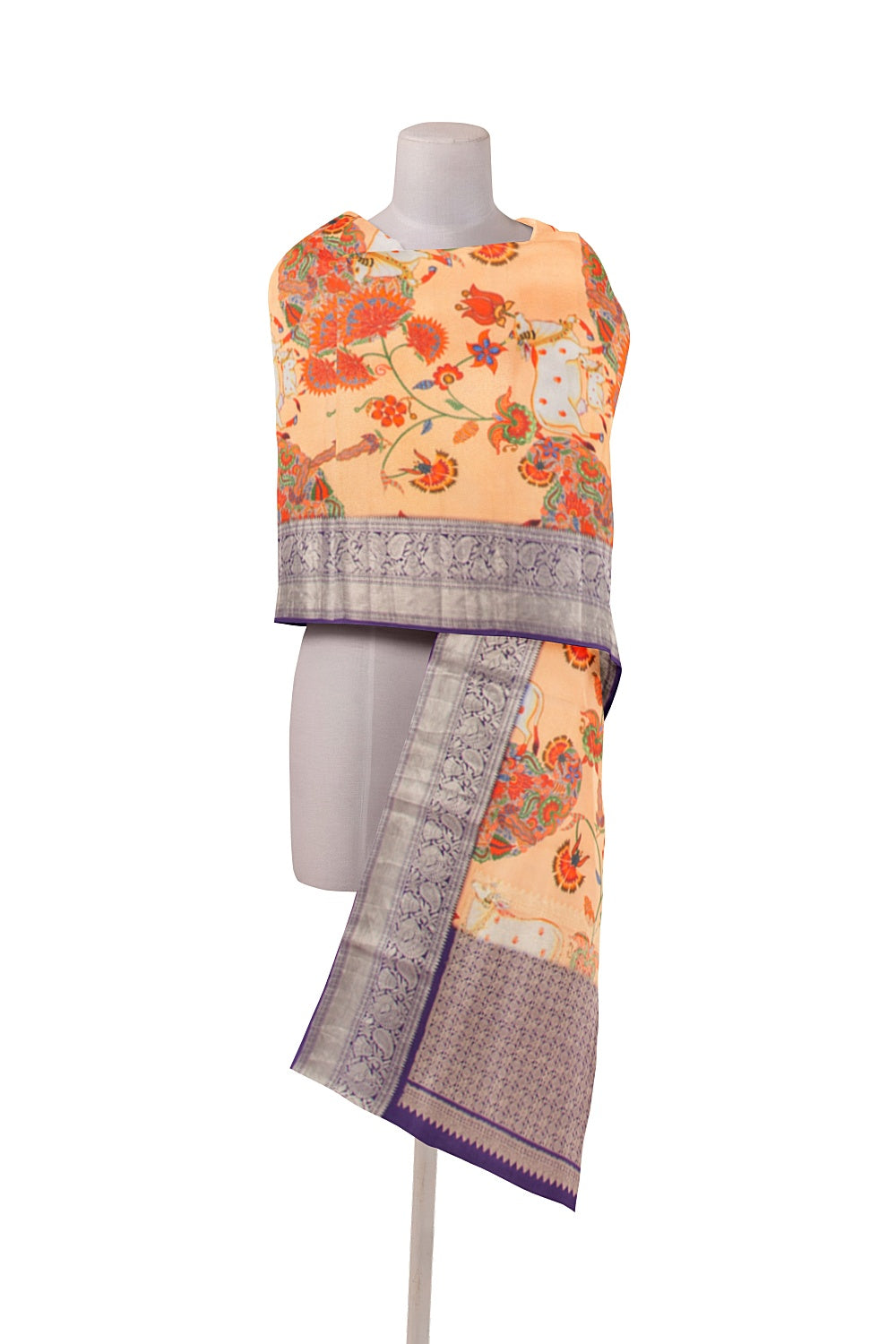 Kanchipuram Silk Pichwai Printed Pastel Orange Dupatta